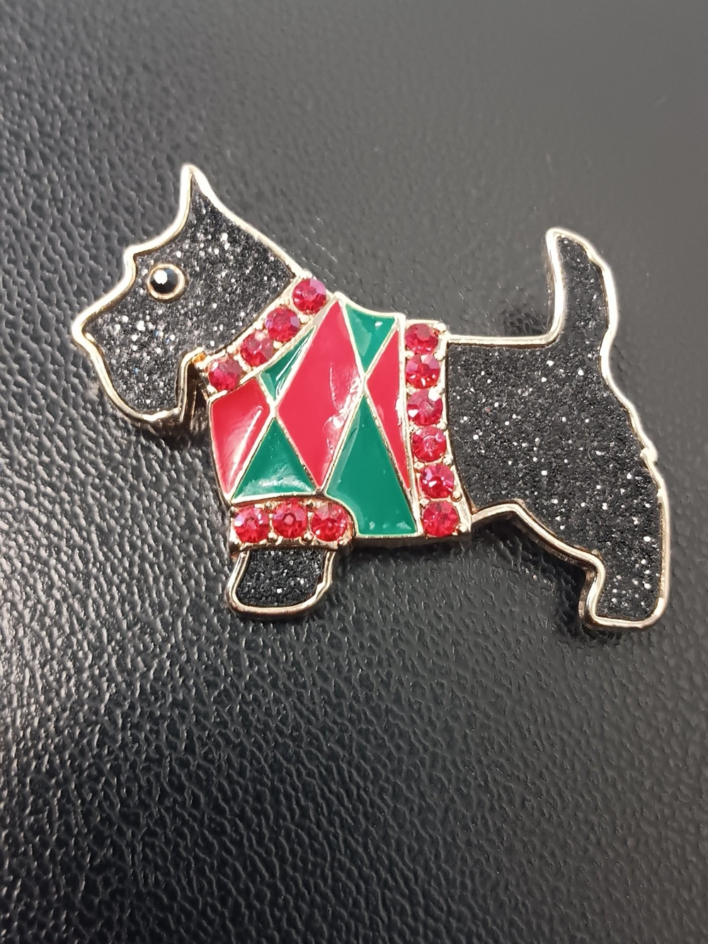 Black Scottie Dog Pin with Red & Green Accents